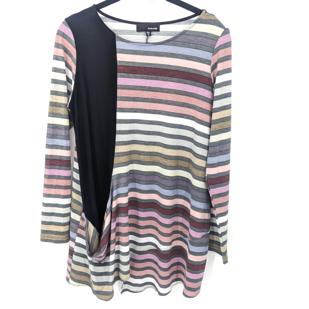 Sun Kim Shirt Womens Small Striped Pocket Tunic Top Asymmetrical Artsy USA